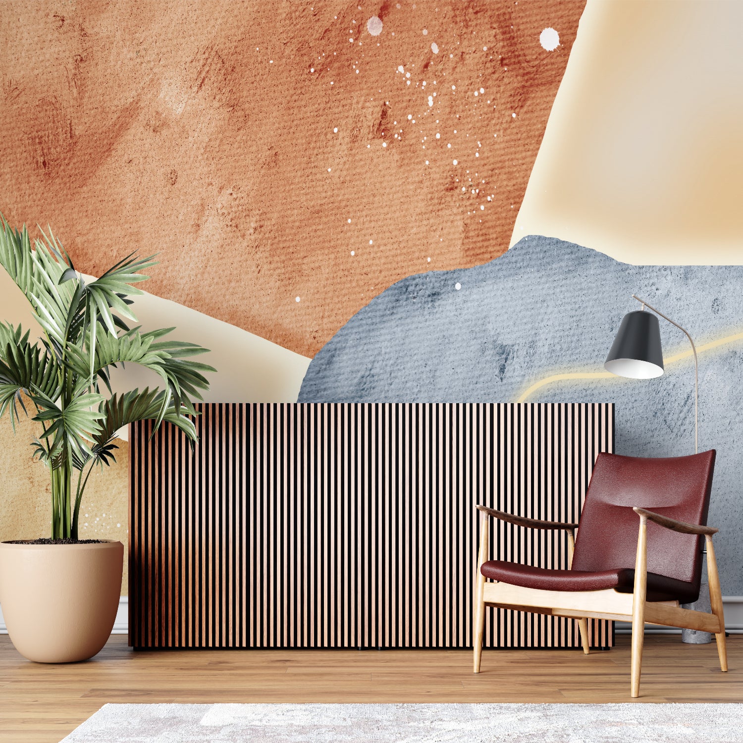 Abstract terracotta and blue wallpaper in a modern living room setting with minimalist furniture