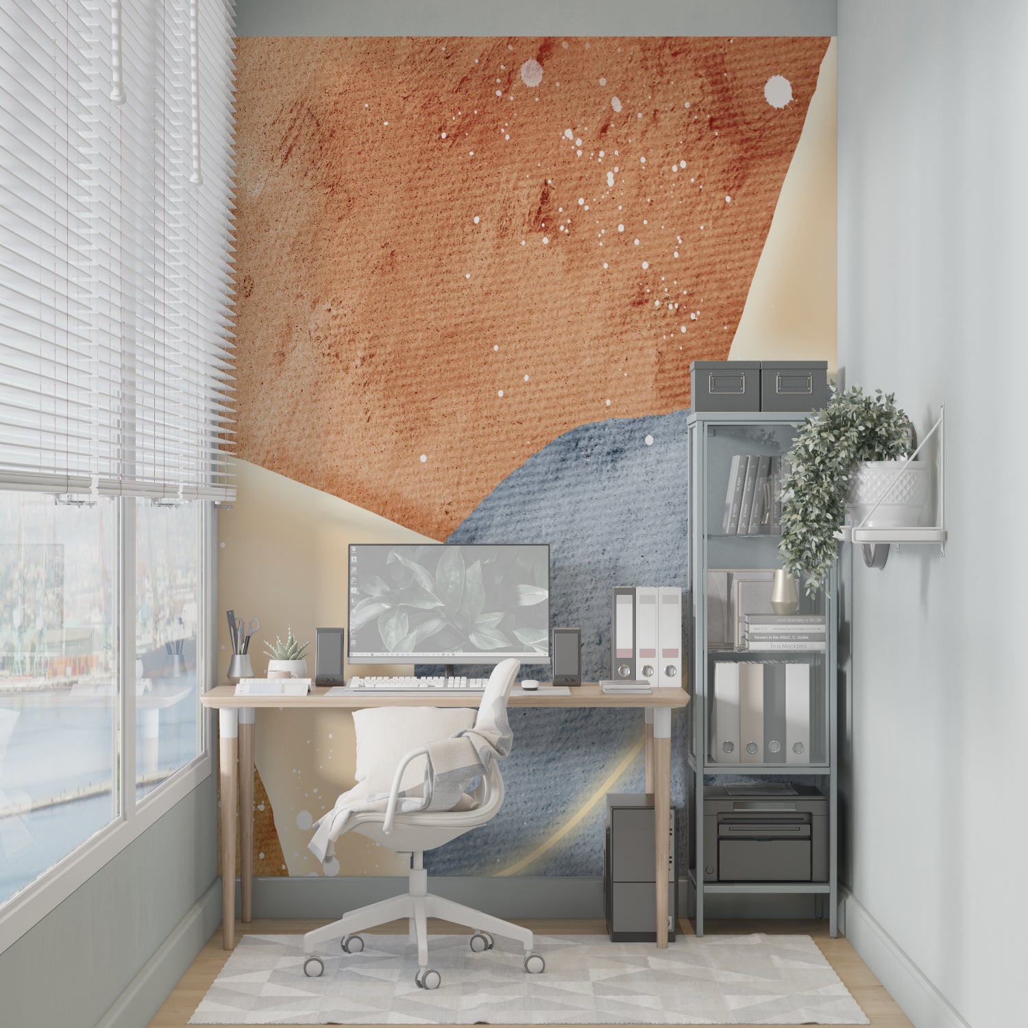 Contemporary home office featuring abstract geometric wallpaper with blue and terracotta tones