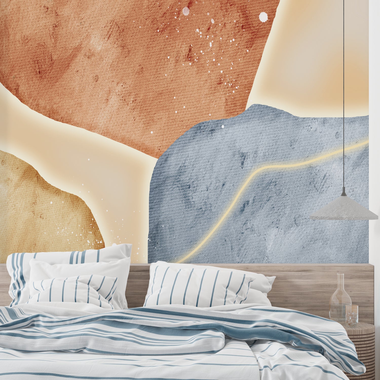 Modern dining room with abstract wall mural showcasing geometric patterns in terracotta