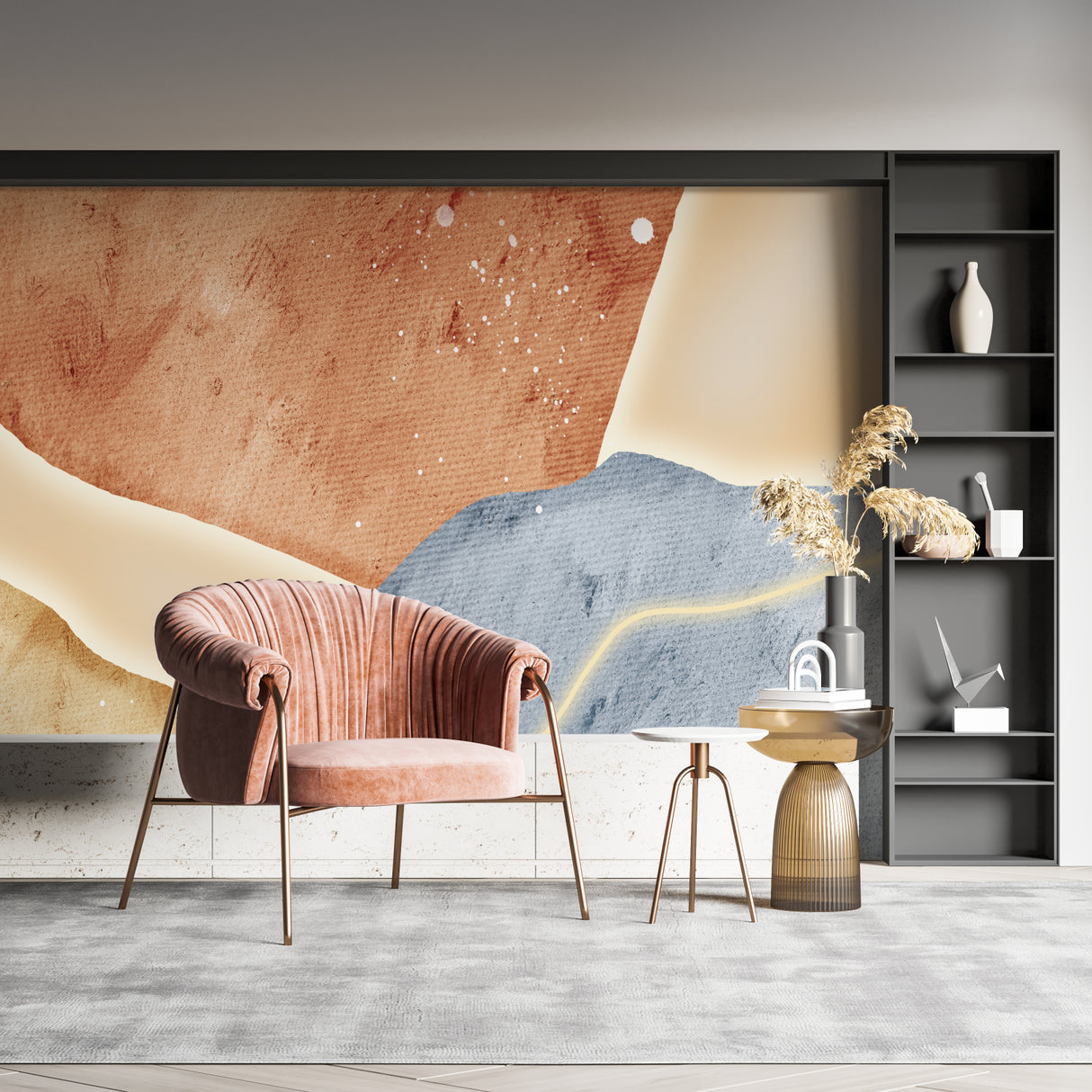 Abstract wall design in a bedroom setting highlighting blue and terracotta color combination