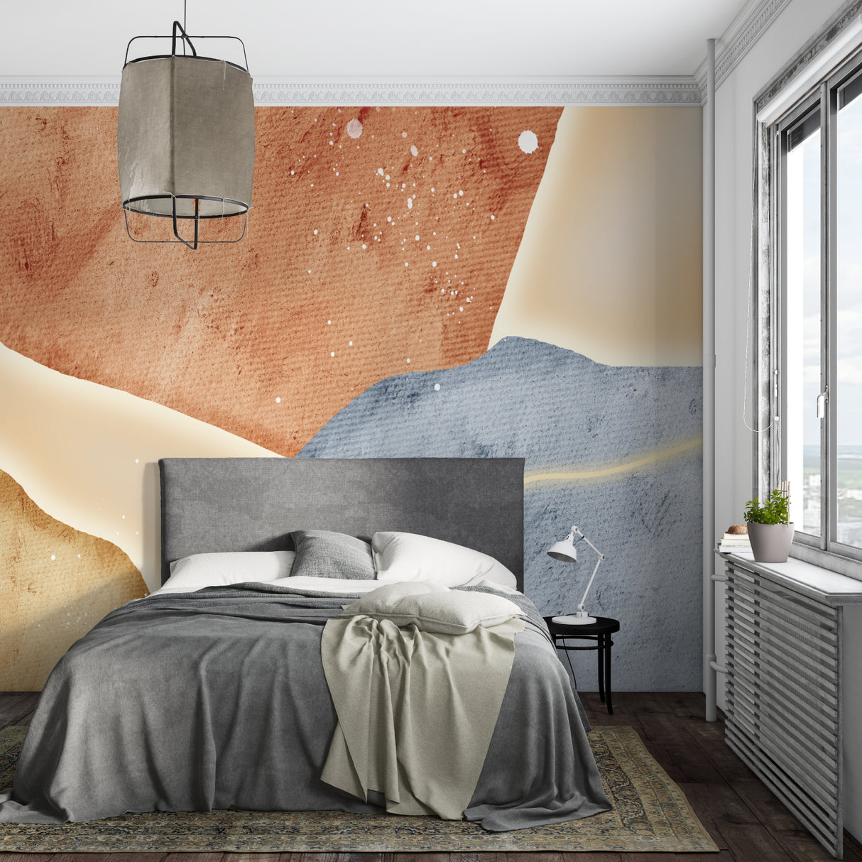 Entrance hall decorated with modern abstract wallpaper in warm terracotta and cool blue shades