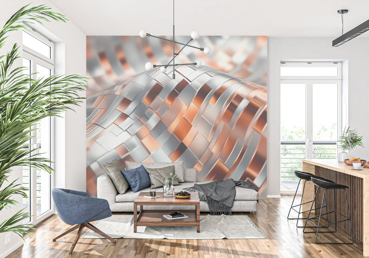 Modern Abstract Wave Wallpaper showcased in a bright living room with minimal furniture