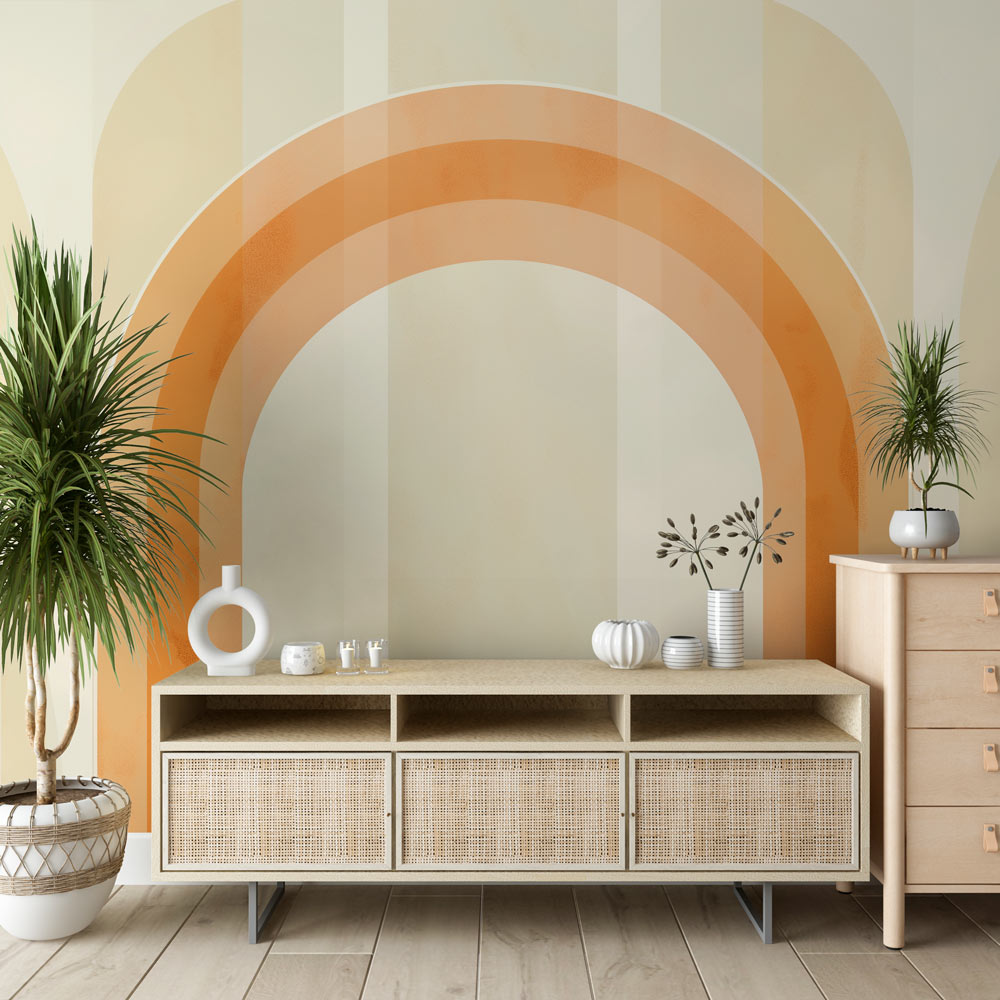 Modern terracotta arch wallpaper creating a stunning focal point in a minimal Scandinavian living room setting