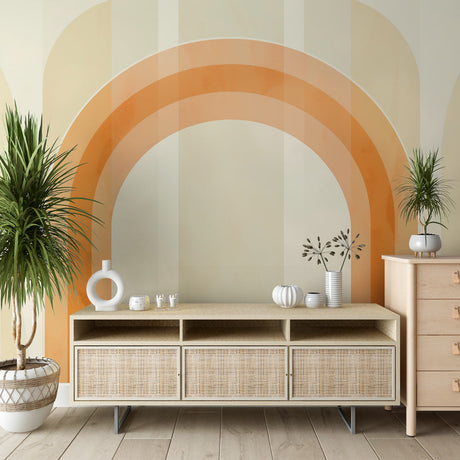 Modern terracotta arch wallpaper creating a stunning focal point in a minimal Scandinavian living room setting
