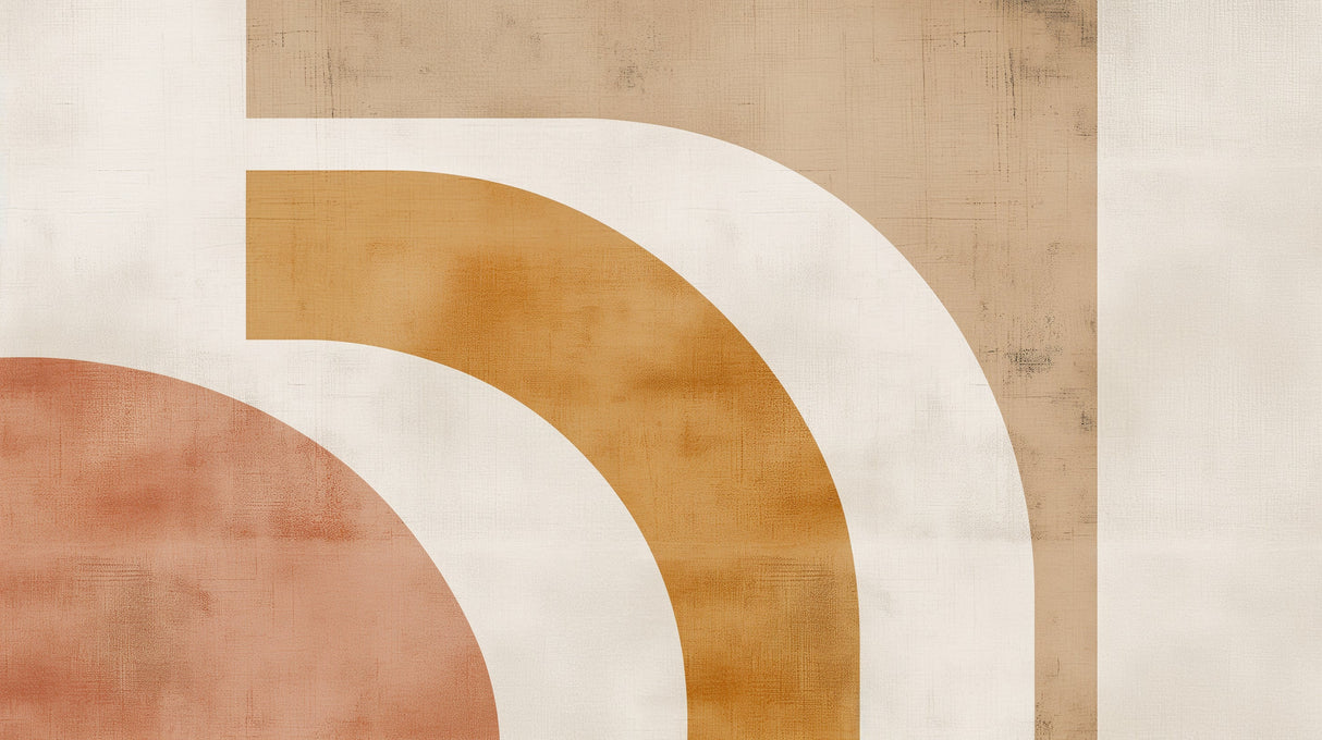 Modern terracotta arch wallpaper creating a warm accent wall in a minimalist living room with natural light