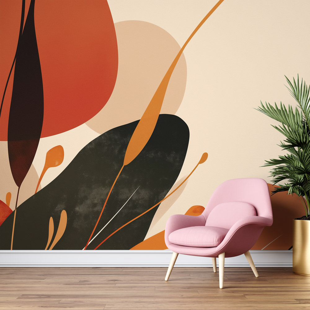 Modern Abstract Botanical Wallpaper in sunny living room, terracotta and olive tones create warm, welcoming atmosphere