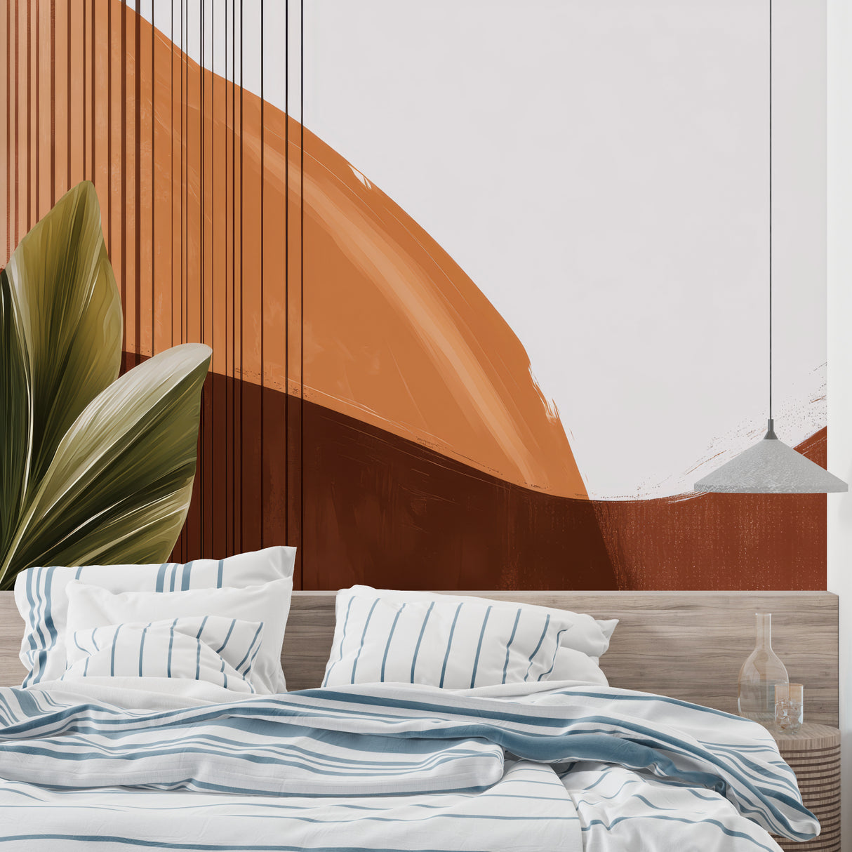 Modern terracotta abstract wallpaper in a bright living room with minimalist furniture