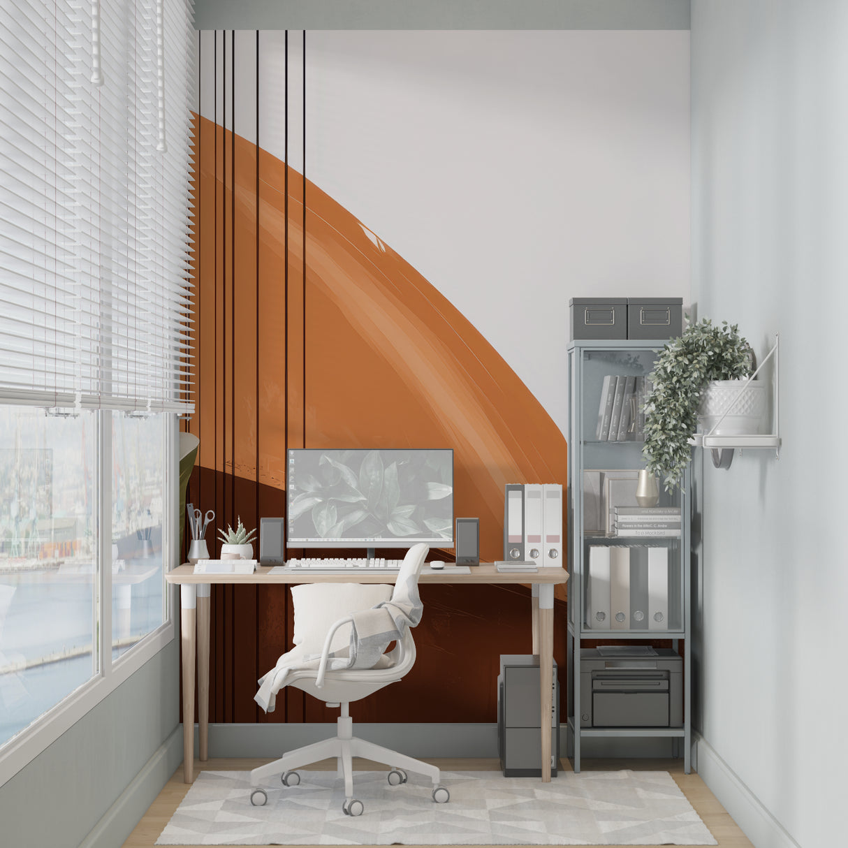 Terracotta geometric wall mural brightening a modern home office setup