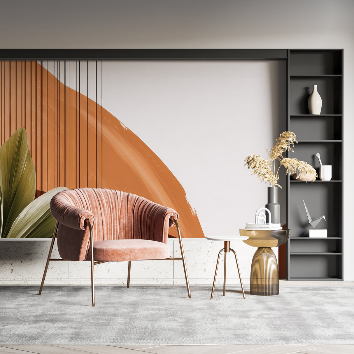 Abstract wall mural with curved lines making a bedroom feel warm and inviting