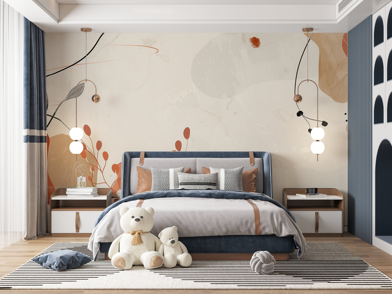 Modern abstract terracotta wallpaper in bright living room with minimal furniture