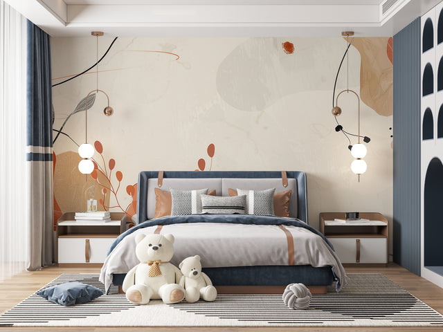 Modern abstract terracotta wallpaper in bright living room with minimal furniture