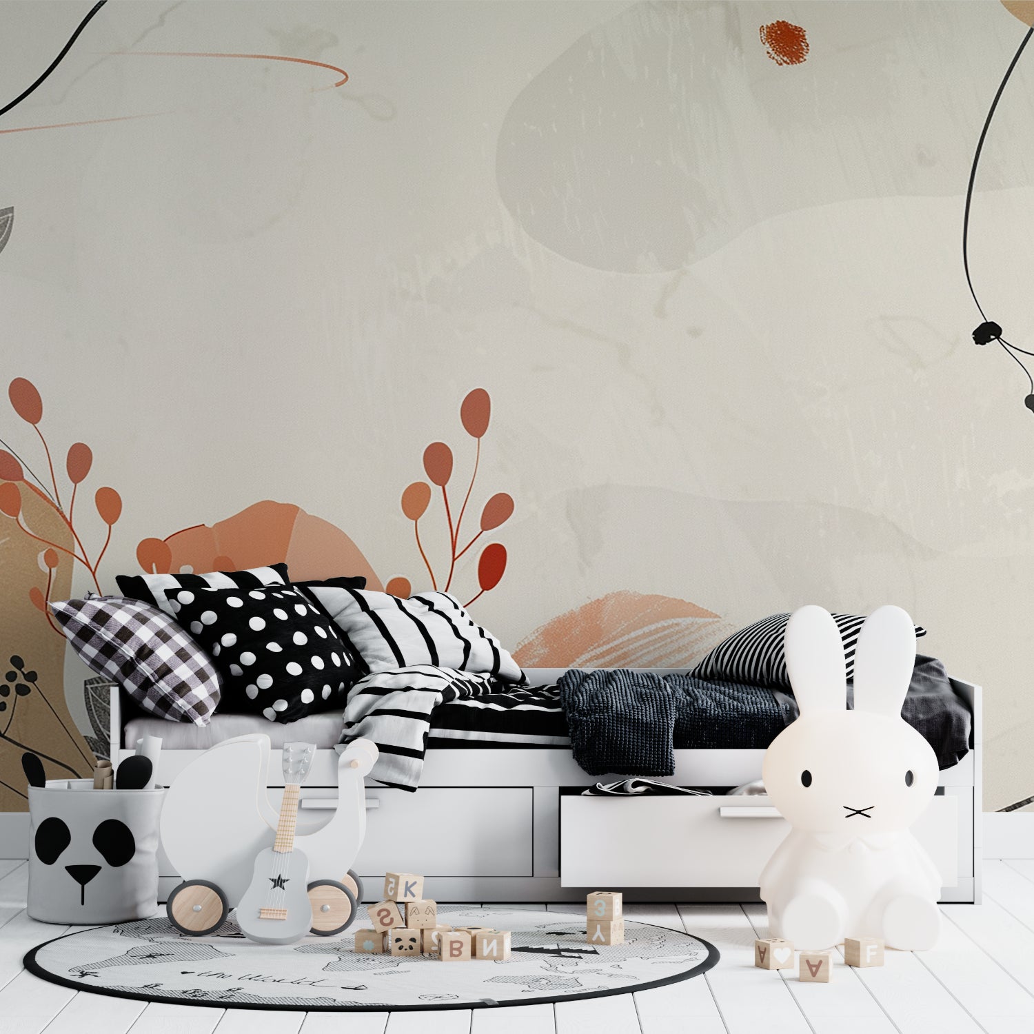 Abstract wall mural with organic lines in cozy bedroom setting