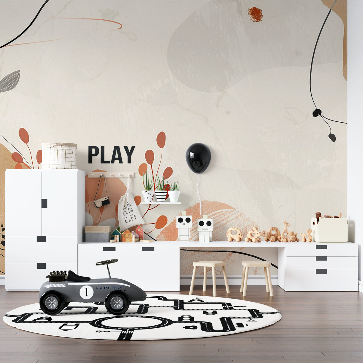 Terracotta abstract wallpaper in modern dining room with natural light