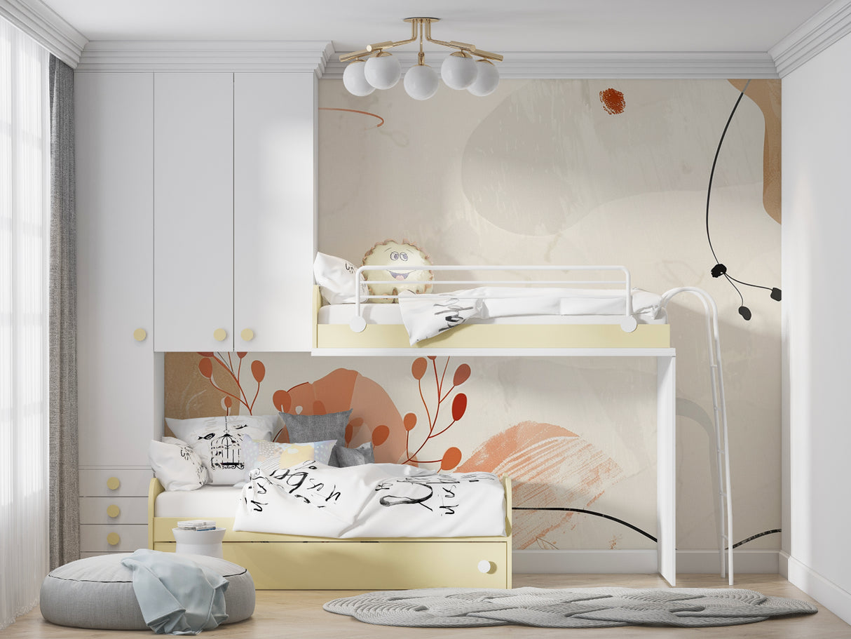 Modern abstract wall mural in home office with organic shapes