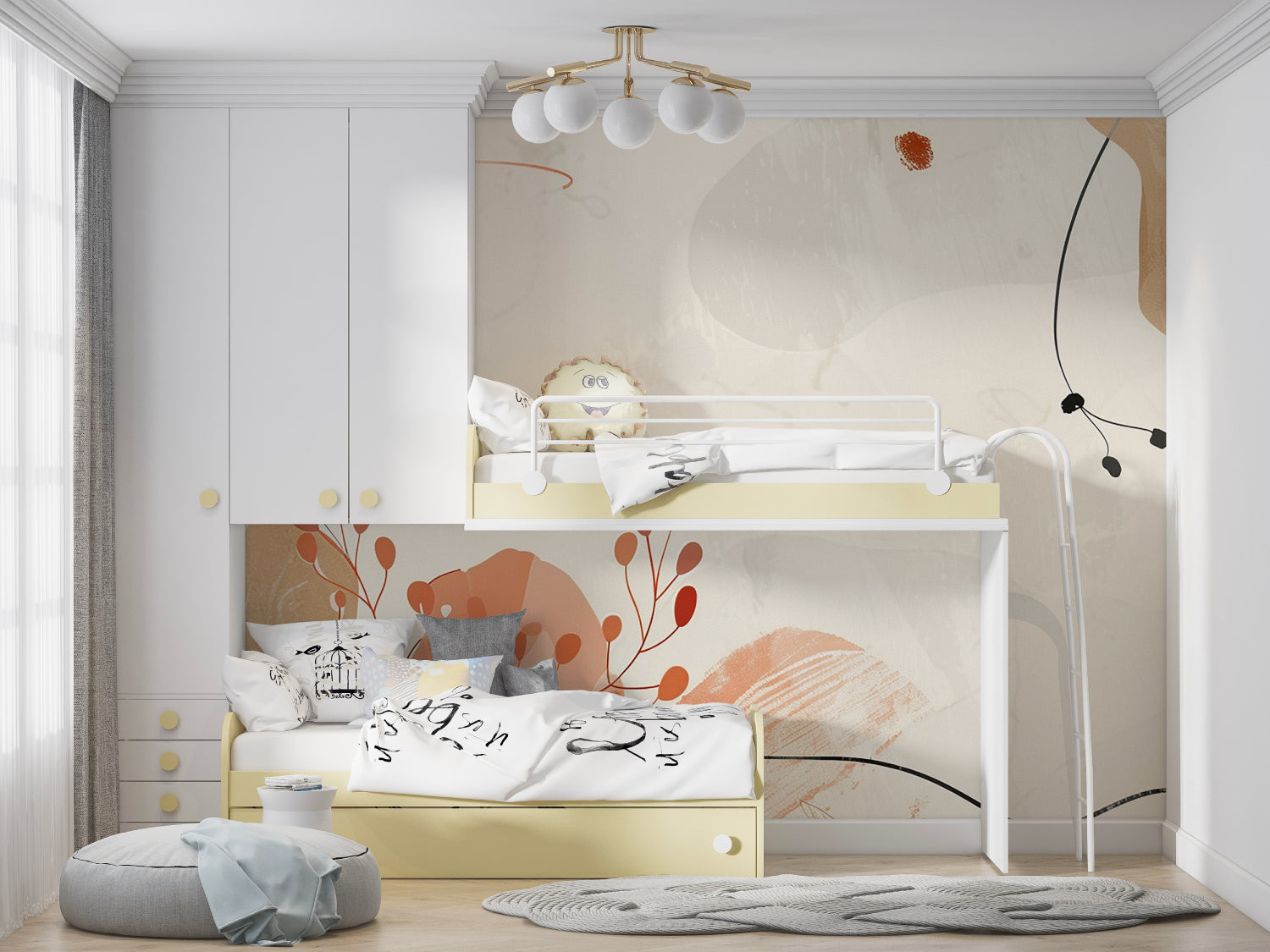 Modern abstract wall mural in home office with organic shapes