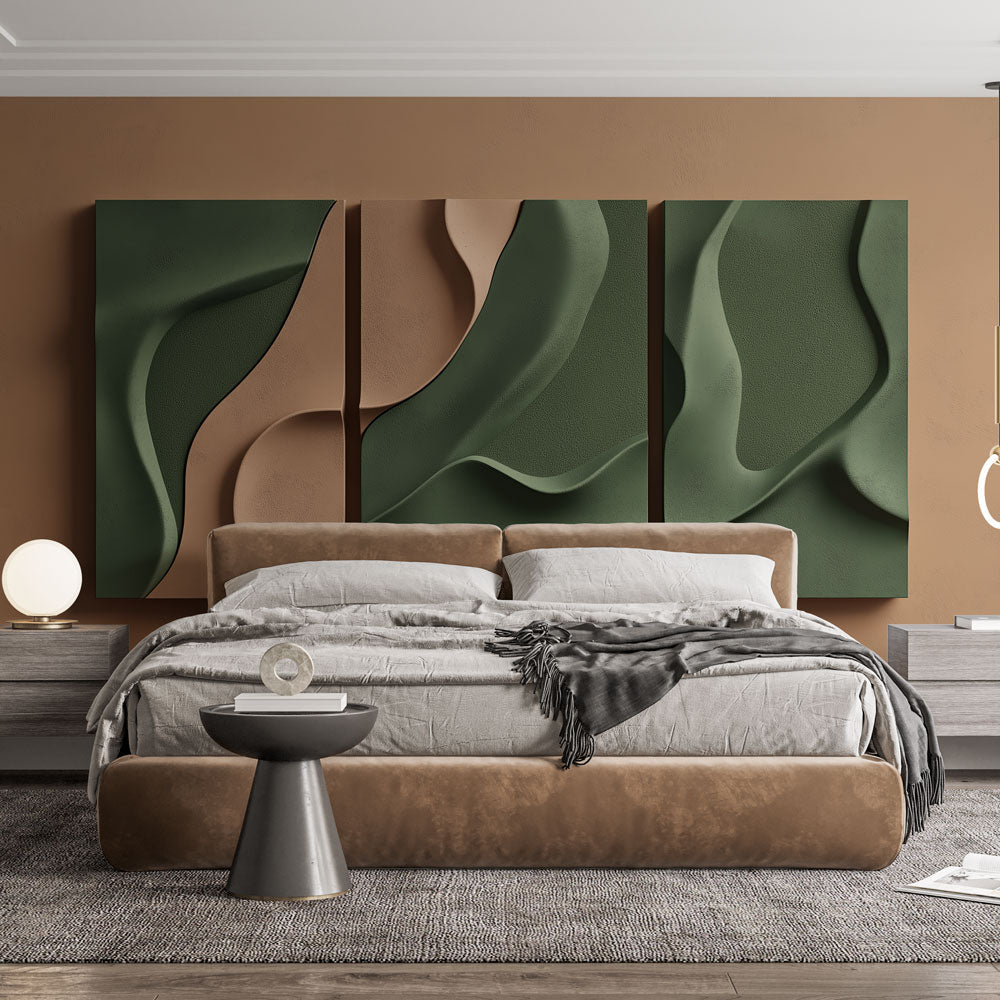 Modern wave wallpaper in green and beige showcased in a bright, minimalist living room setting with contemporary furniture