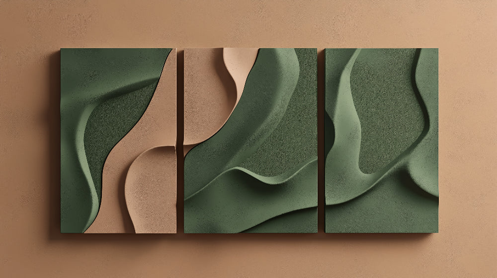 Abstract wave wallpaper design file showing fluid green and beige pattern with organic curves