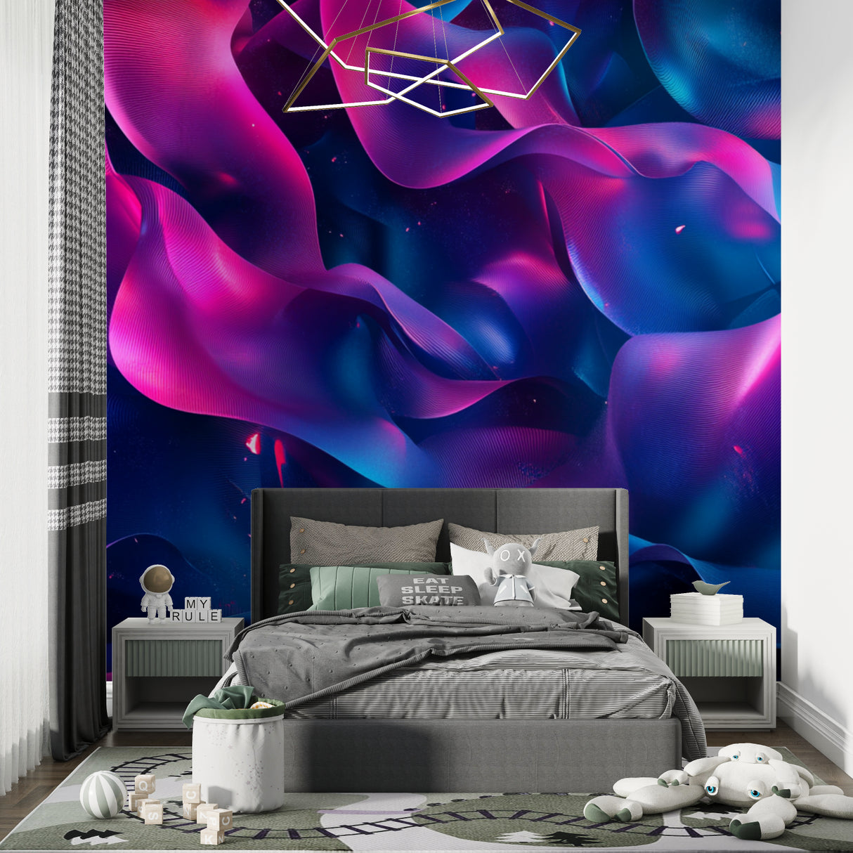 Modern abstract wave wallpaper in pink and blue tones creating depth in a minimal living room setting