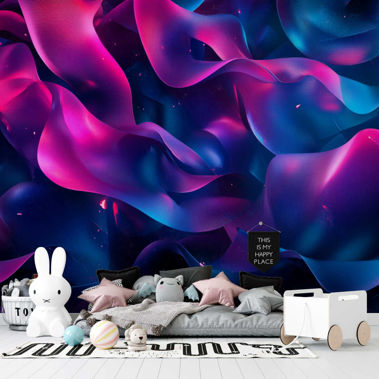 Pink and blue wave pattern wallpaper making a statement in a modern bedroom