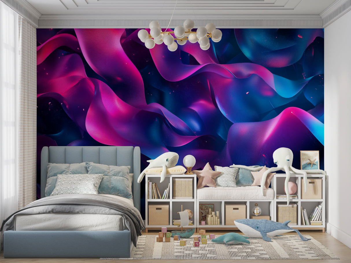 Abstract wave mural adding movement to a home office space