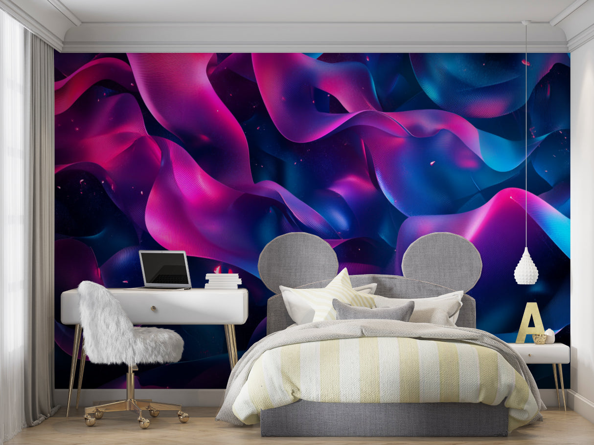 Modern wave design wallpaper bringing color to a dining room