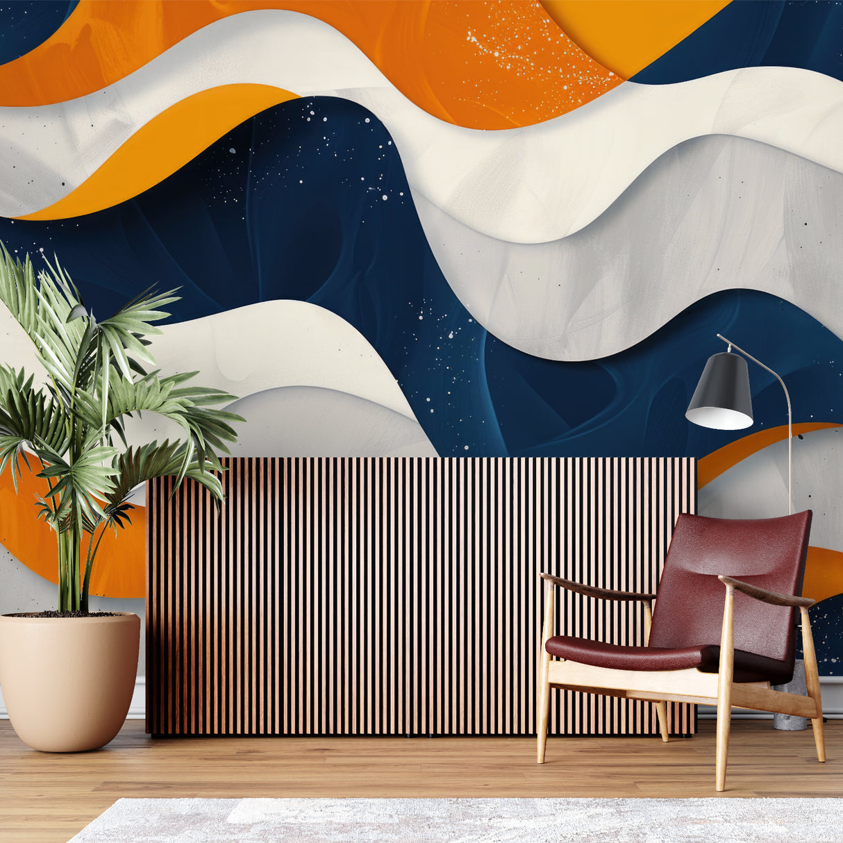 Modern wave wallpaper in navy and orange bringing fresh energy to a minimalist living room setting