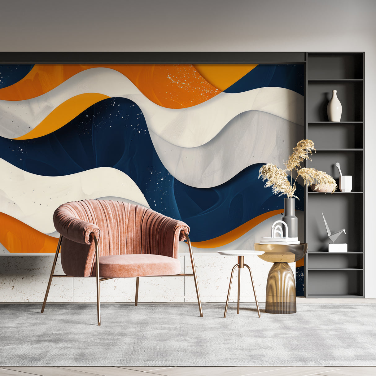 Abstract wave mural creating a bold statement in a contemporary home office space