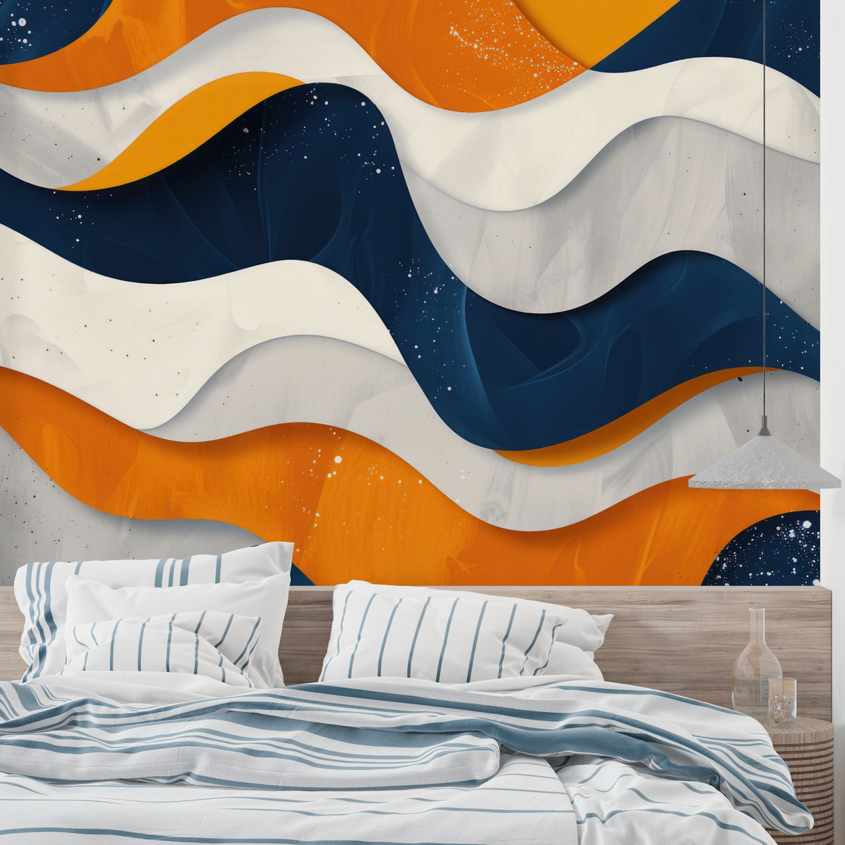 Navy and orange wave pattern wallpaper enhancing a modern dining room