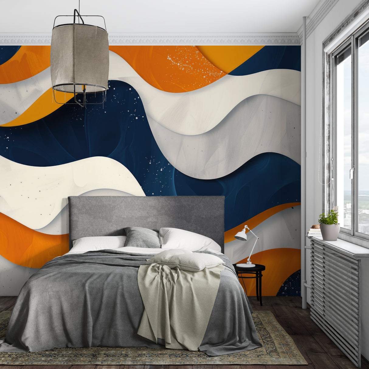 Modern abstract mural transforming a stylish entertainment room
