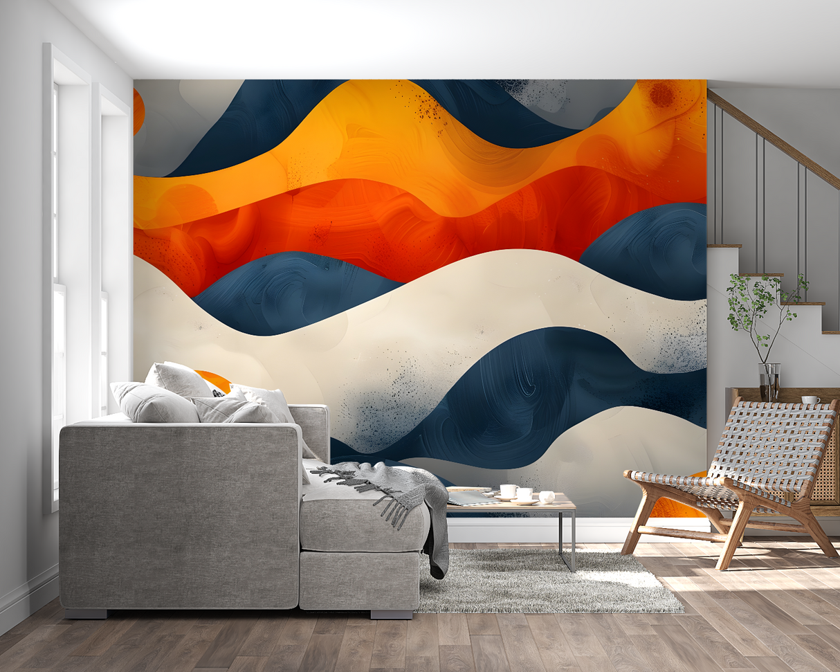 Navy and orange wave mural making a bold statement in a modern dining room