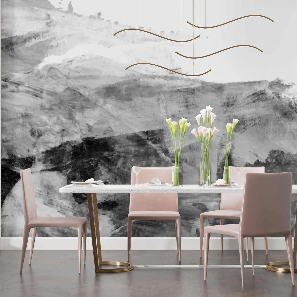 Abstract mountain wallpaper in modern living room showing black and grey peaks creating depth