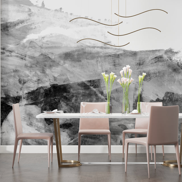 Abstract mountain wallpaper in modern living room showing black and grey peaks creating depth