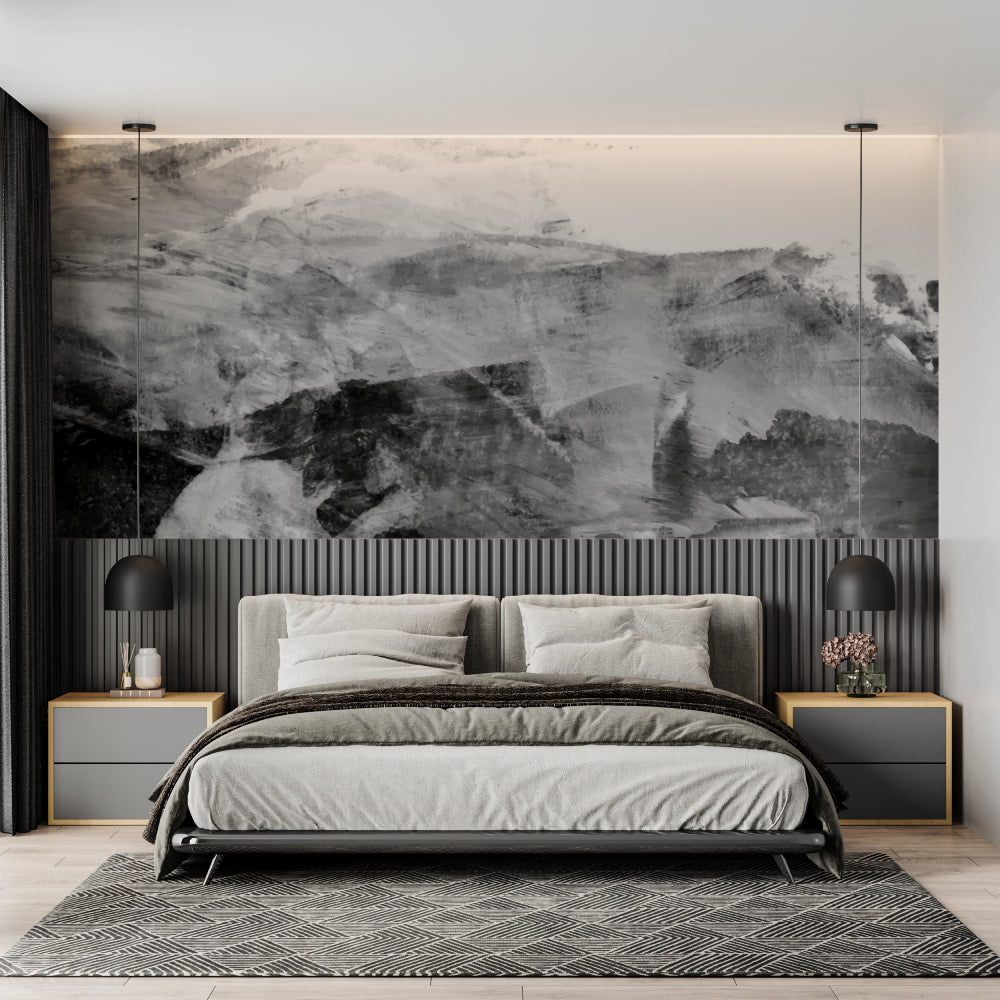 Monochrome mountain mural in minimalist bedroom with contemporary furniture