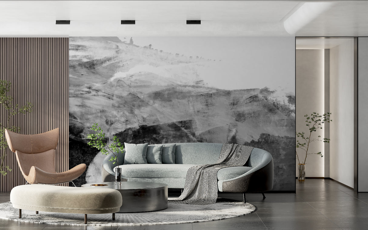 Black and grey abstract mountain wallpaper in dining room setting