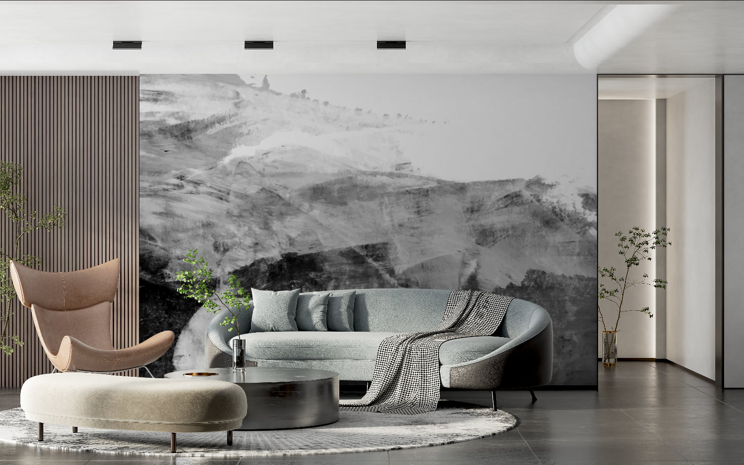 Black and grey abstract mountain wallpaper in dining room setting