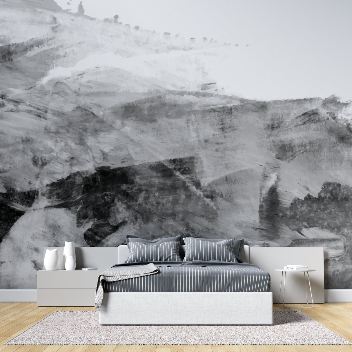 Mountain landscape wallpaper creating dramatic effect in home office space