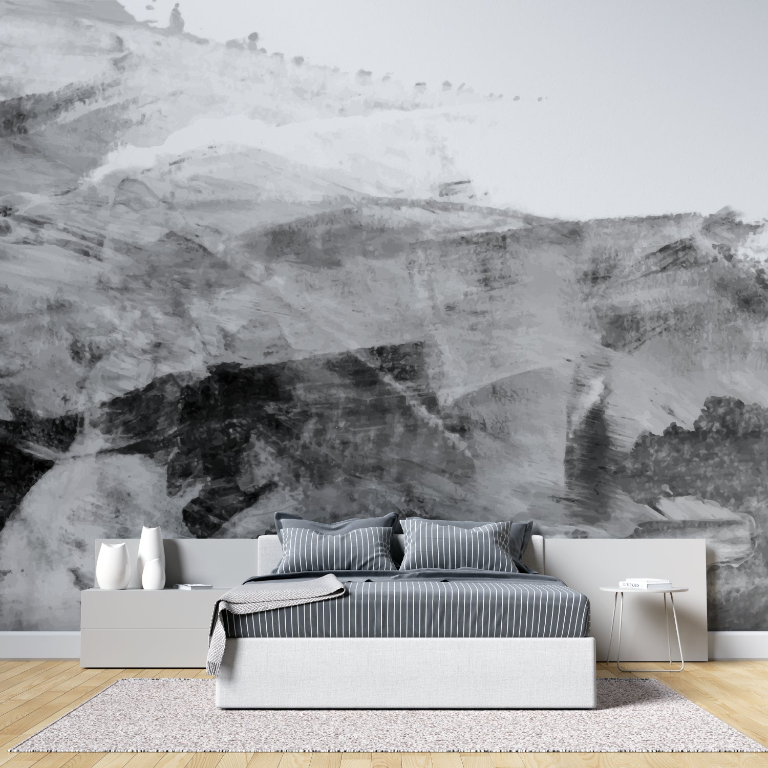 Mountain landscape wallpaper creating dramatic effect in home office space