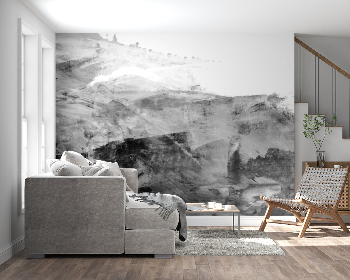 Abstract mountain mural showcasing scale in modern hallway setting