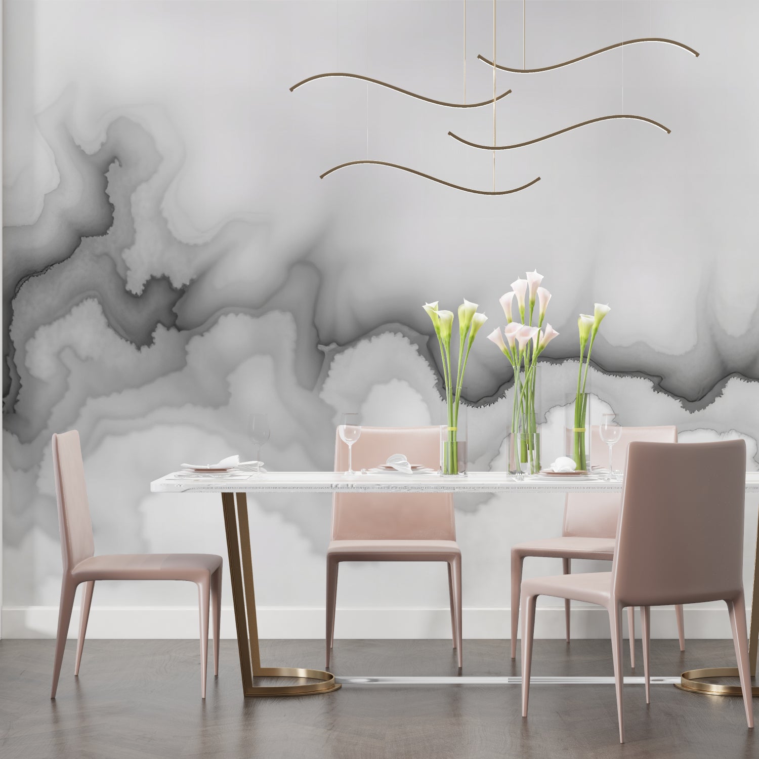 Grey cloud wallpaper design in a home office space with clean lines and natural lighting