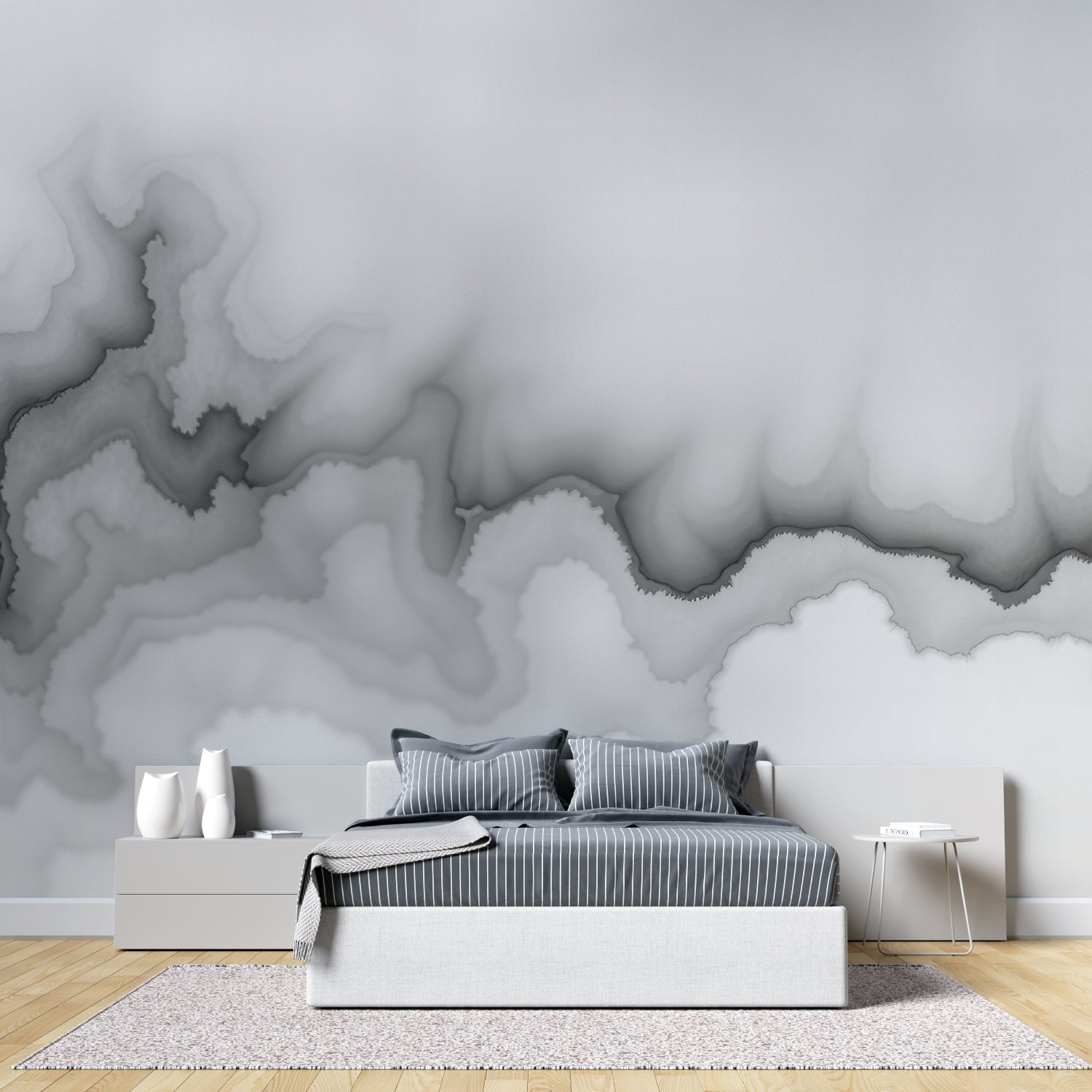 Watercolor cloud wall mural bringing calm to a modern hallway with pendant lighting