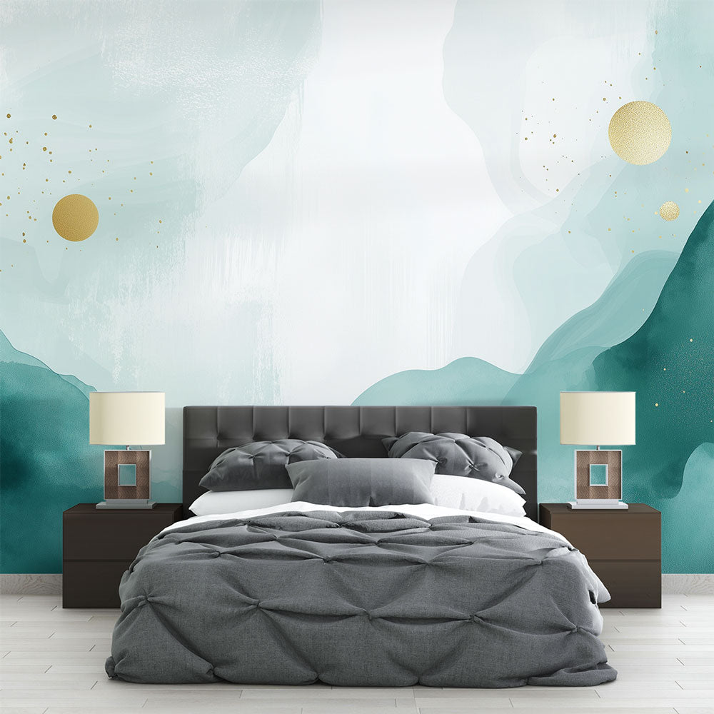 Modern living room featuring Mountain Abstract Wallpaper with gold accents, creating a sophisticated and peaceful atmosphere