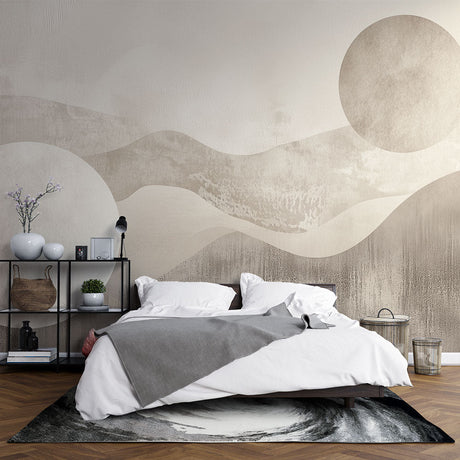 Modern living room featuring Abstract Mountain Wallpaper in beige tones, creating a peaceful and sophisticated atmosphere
