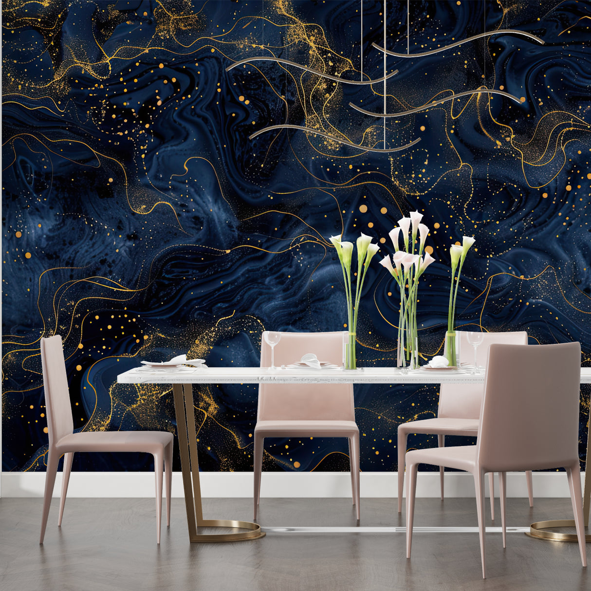 Navy blue and gold galaxy wallpaper in modern living room creating dramatic accent wall