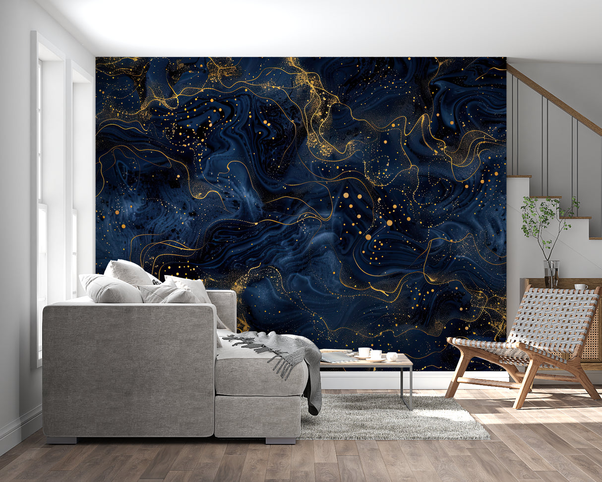 Galaxy abstract wallpaper with gold details in master bedroom setting