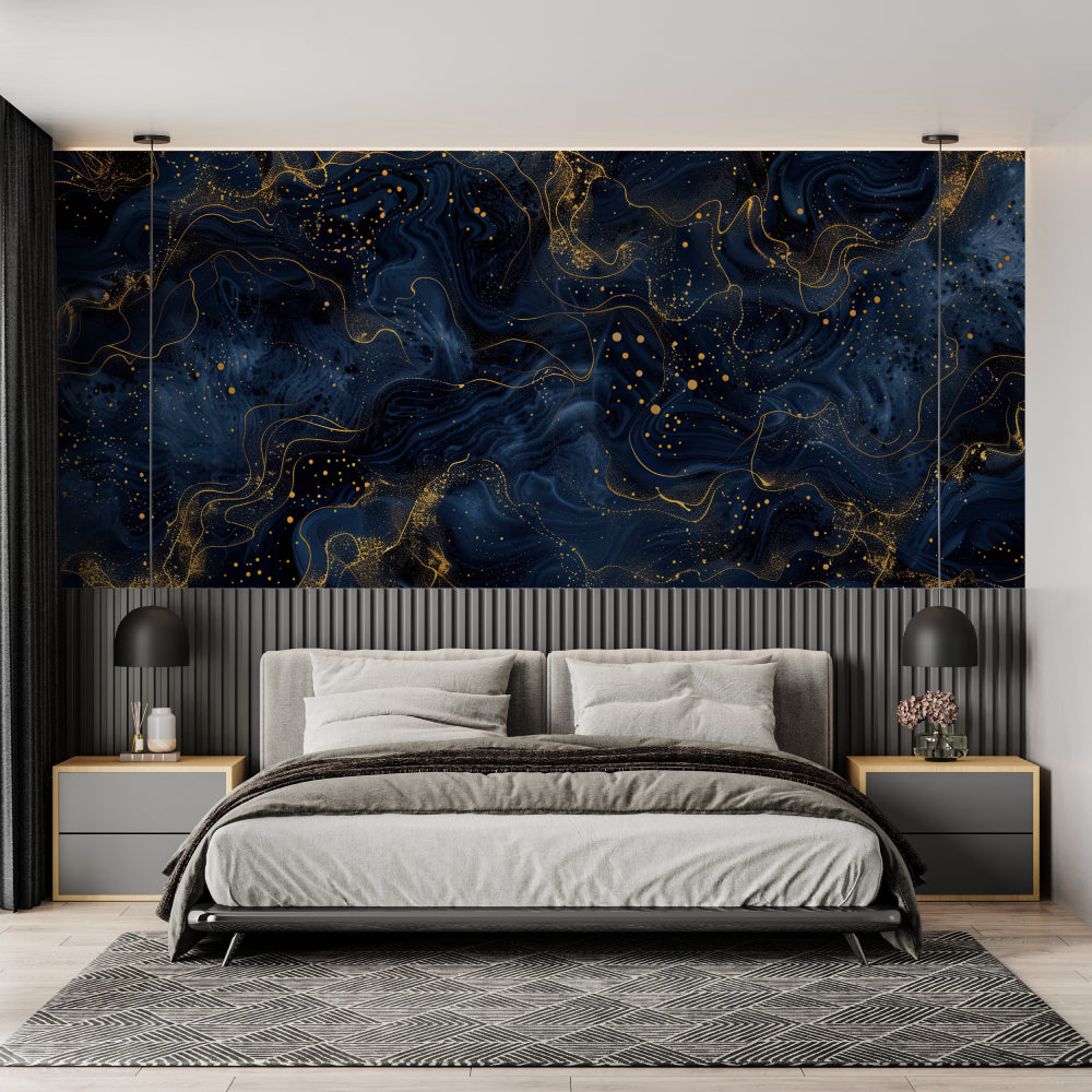 Blue and gold abstract mural in luxury dining room interior