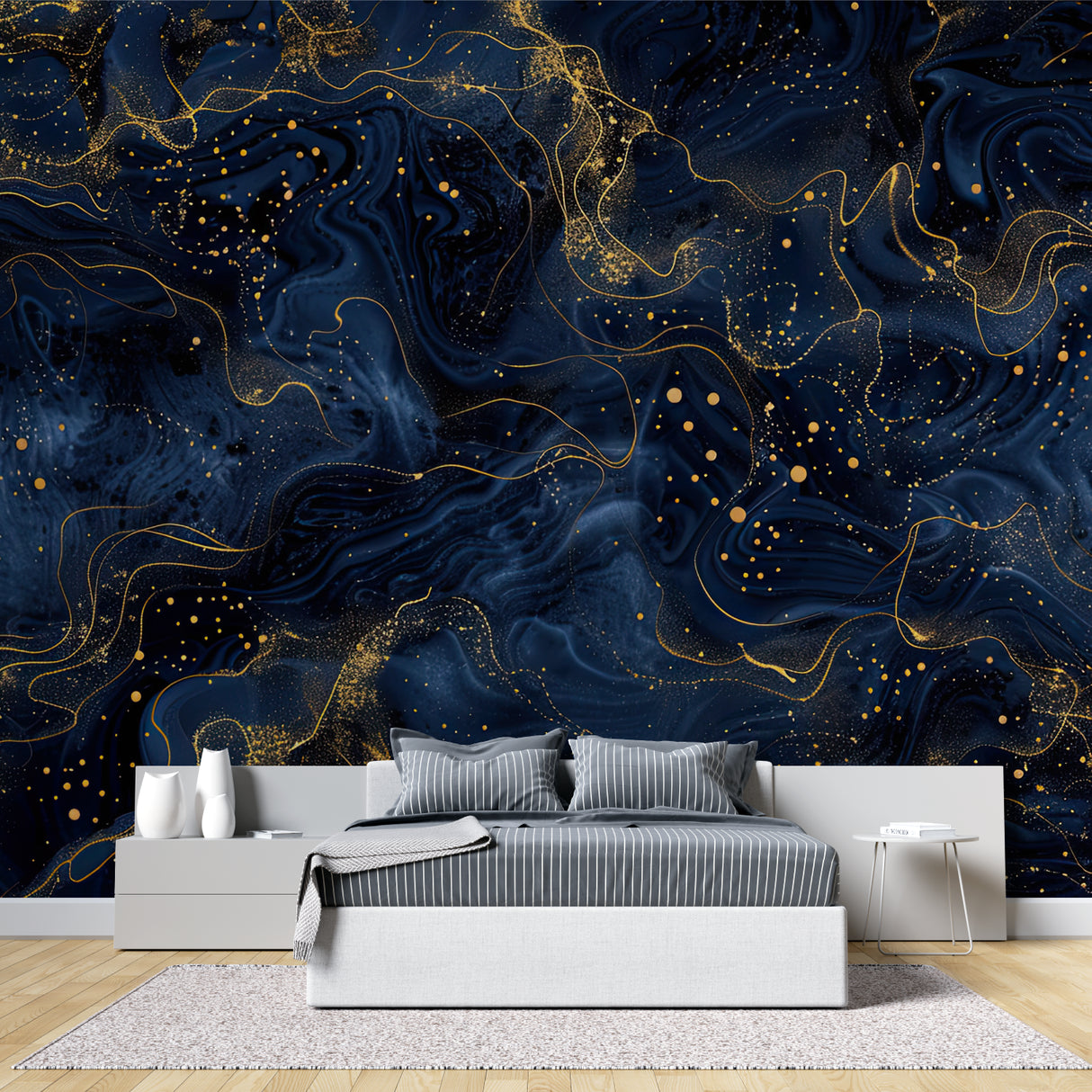 Modern home office featuring navy and gold galaxy wallpaper design