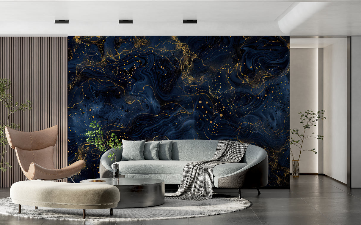 Abstract galaxy mural in upscale hotel lobby setting
