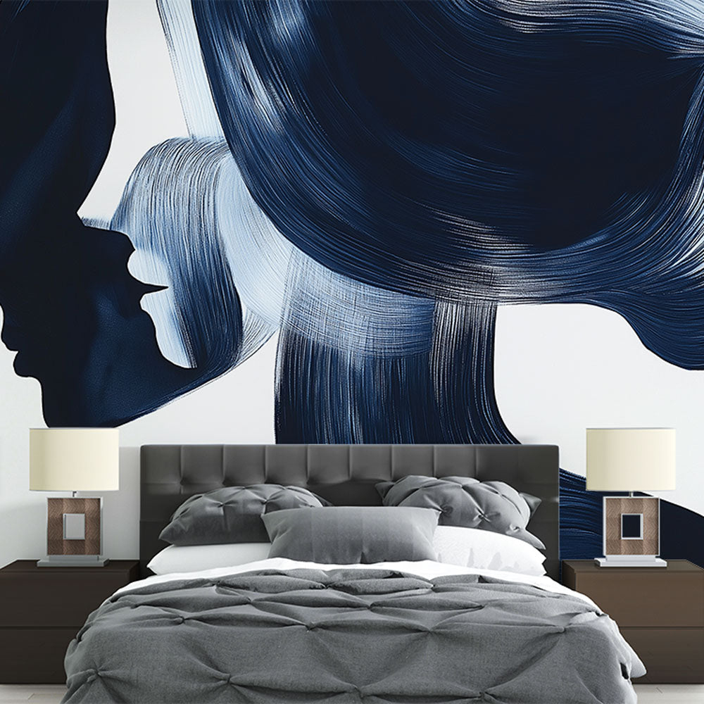 Navy blue brushstroke abstract wallpaper mural creating dramatic impact in a modern living room with white furniture