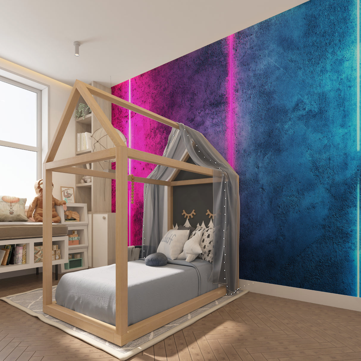 Neon gradient abstract wallpaper creating a glowing atmosphere in a modern living room