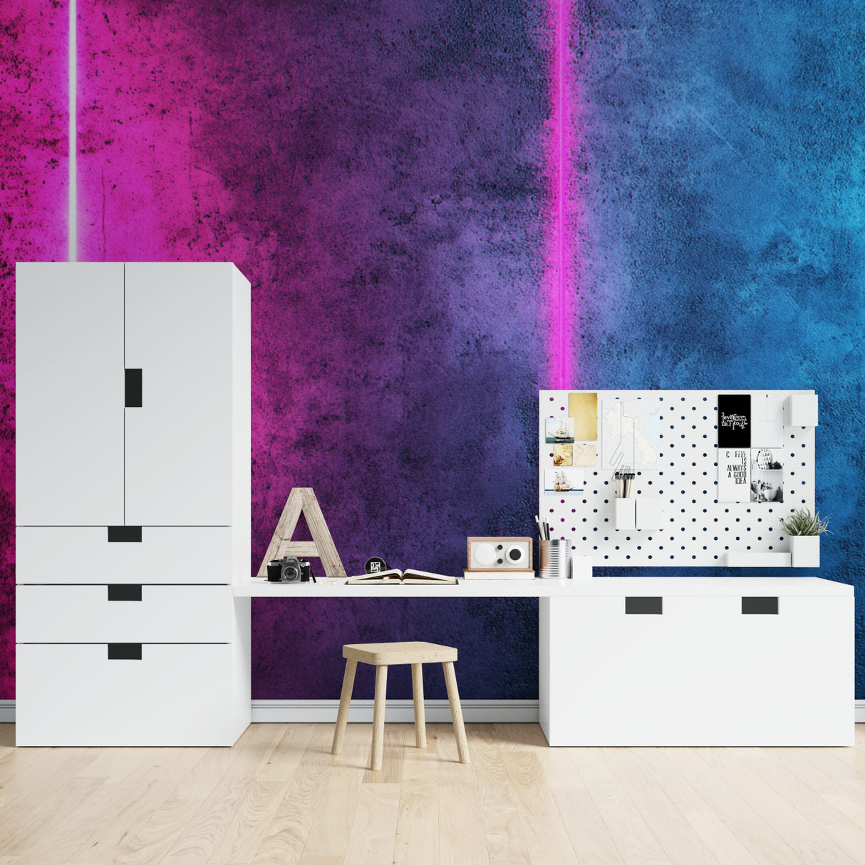 Abstract neon light beam wallpaper transforming a gaming room with pink and purple glow